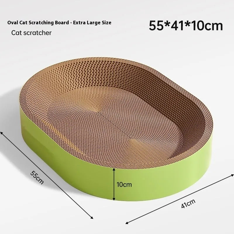 Green oval cat scratch board nest made from corrugated paper measuring 55cm in diameter