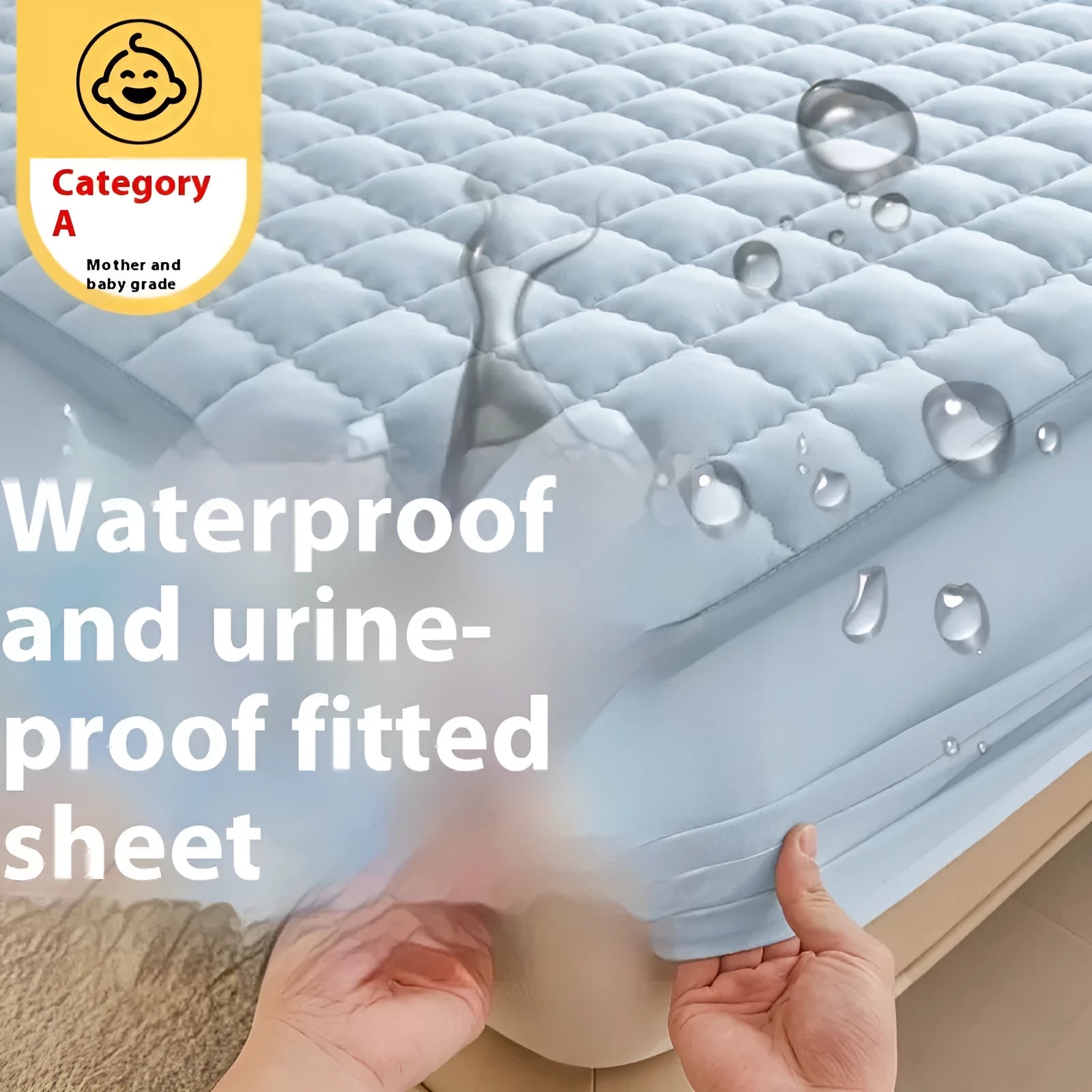 Waterproof washed cotton fitted sheet for bed protection in blue, shown on a UK double mattress.