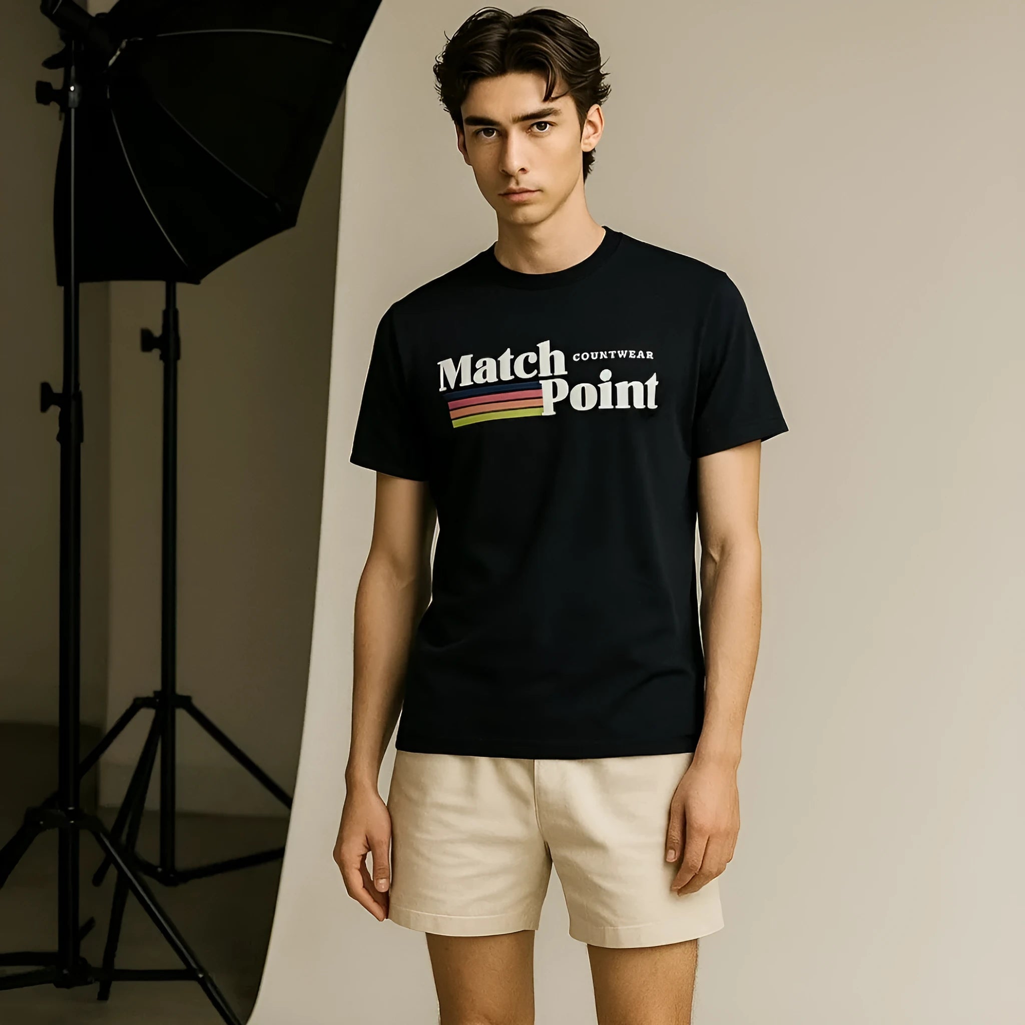 Black men's casual t-shirt with a 3D digital printed pattern, round neck, and short sleeves