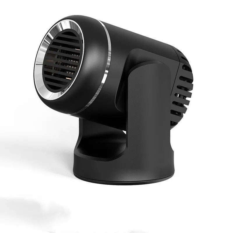 Black and white 12V compact car heater with power cord for defrosting and providing hot or cold air.