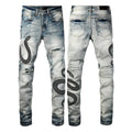 Blue distressed wash skinny jeans with mid waist and skinny leg silhouette