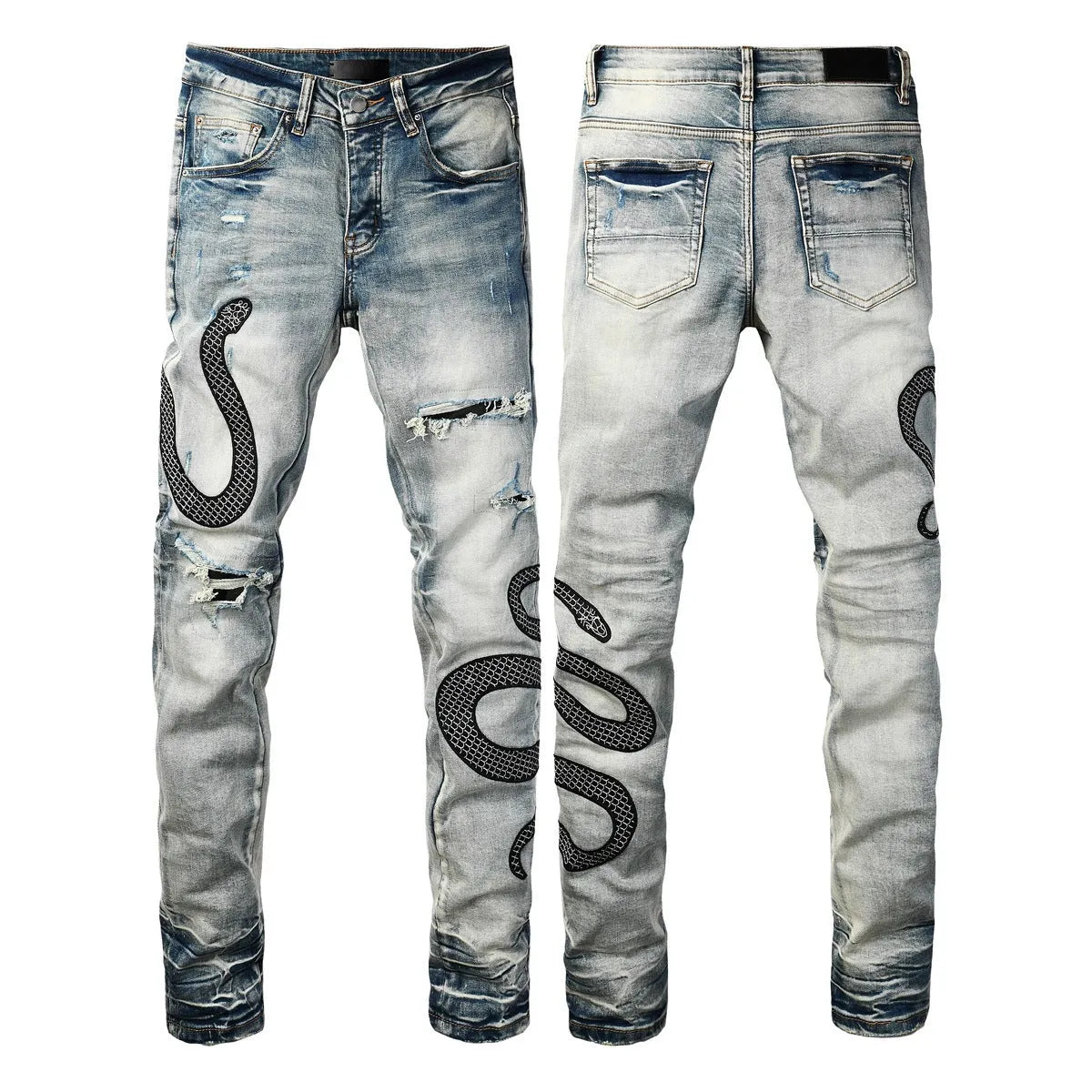 Blue distressed wash skinny jeans with mid waist and skinny leg silhouette