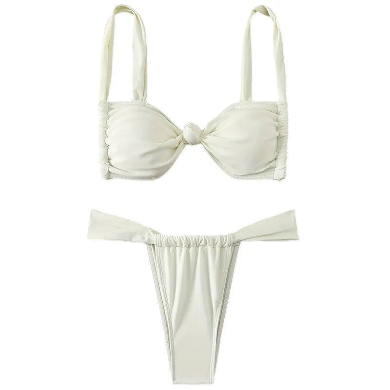 Women's solid white lacing sling split swimsuit with high-elasticity nylon spandex fabric