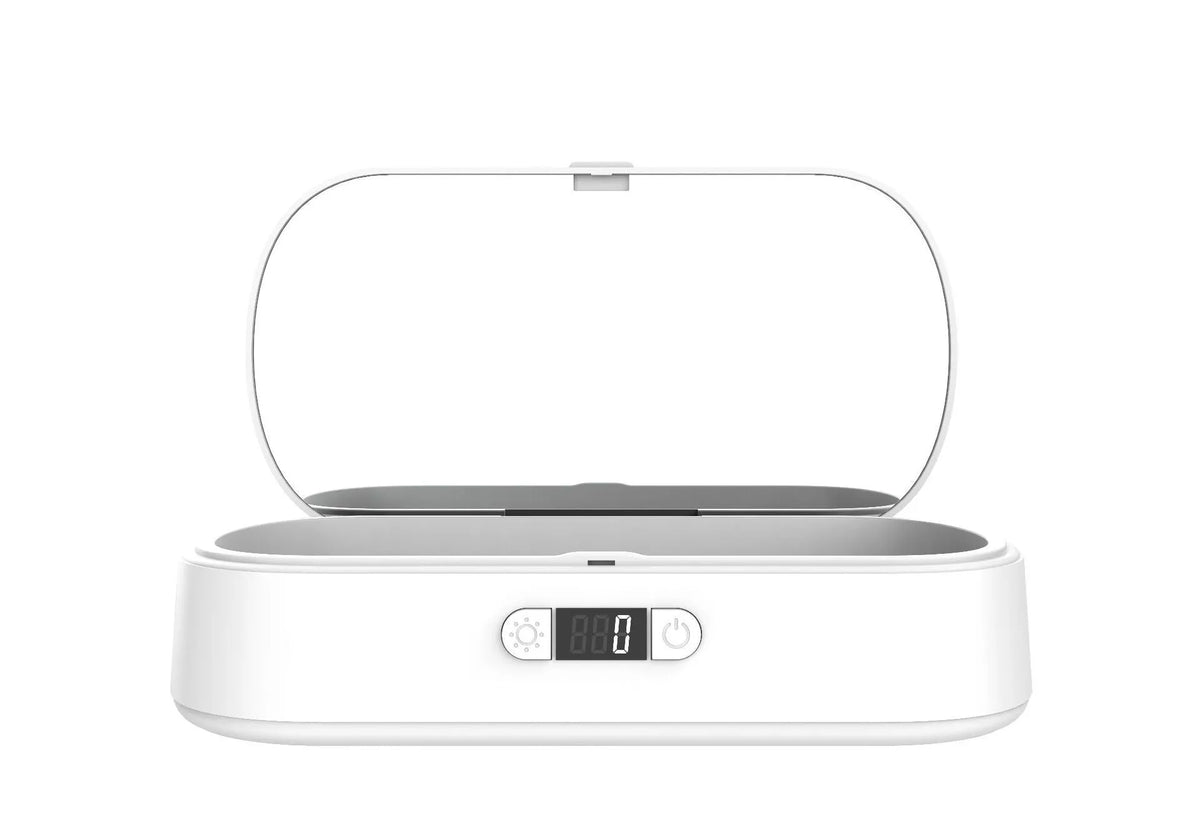 White ABS wireless sterilizer box with UV light for disinfecting phones and jewelry
