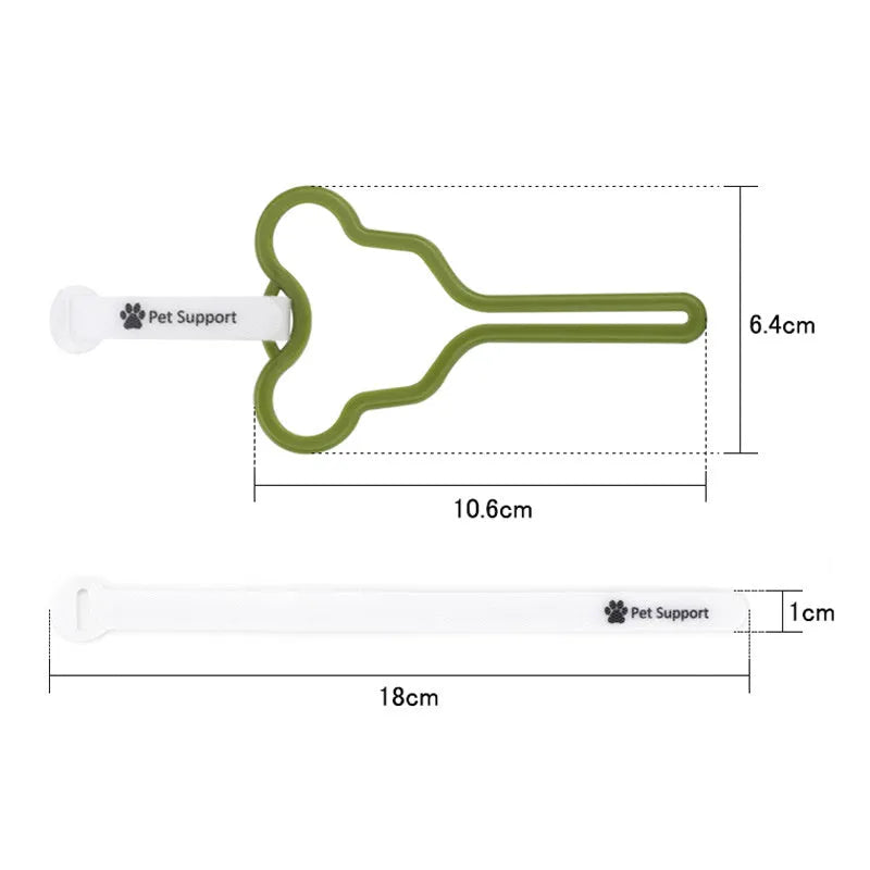 Dog waste bag holder with hands-free clip and Velcro strap attached to a dog leash
