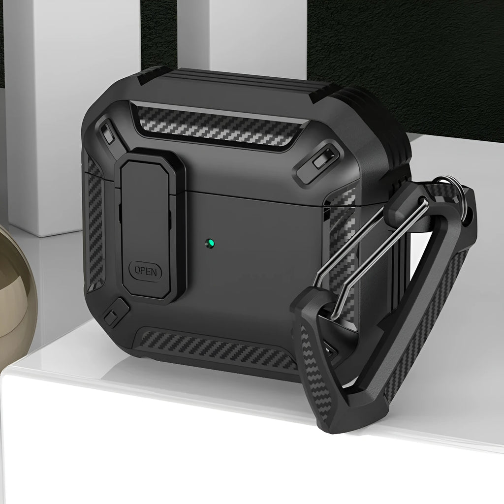 Two-tone AirPods protective case in black and yellow colour combination with clamshell design