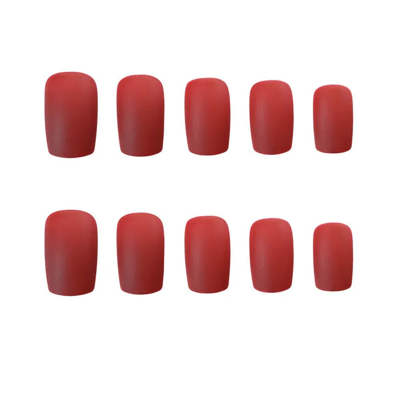 24-piece matte red medium length false nail set with glue-on application, approximately 27g net content