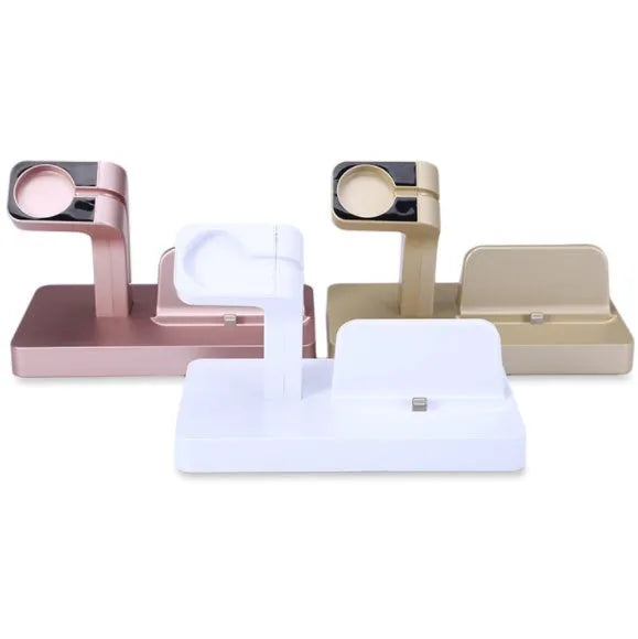 White 2-in-1 desktop charging dock holding an iPhone and an Apple Watch.