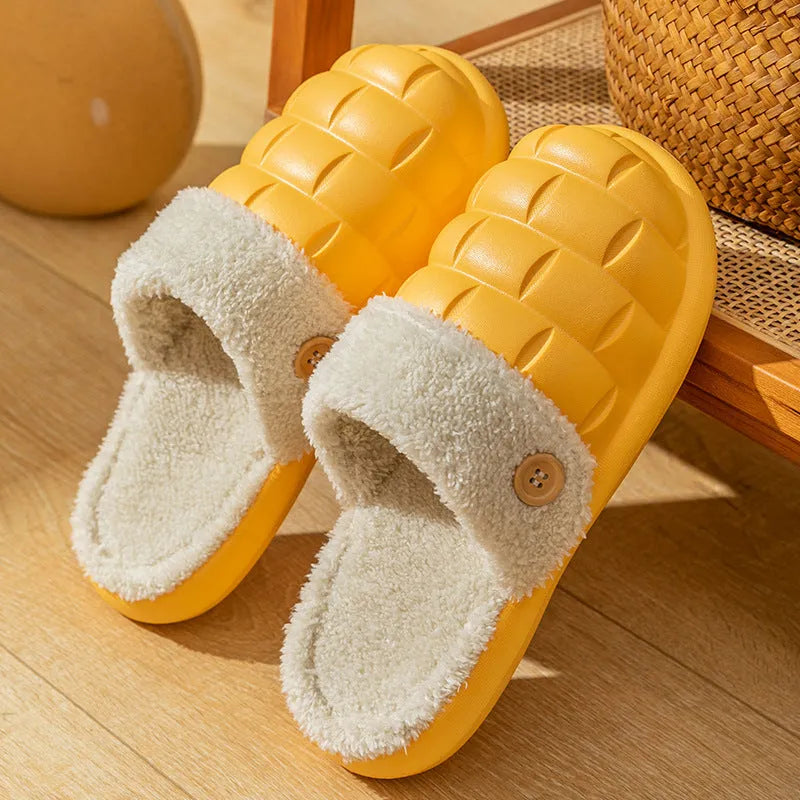 Women's detachable plaid slippers with plush lining and EVA anti-skid sole in multiple colours.