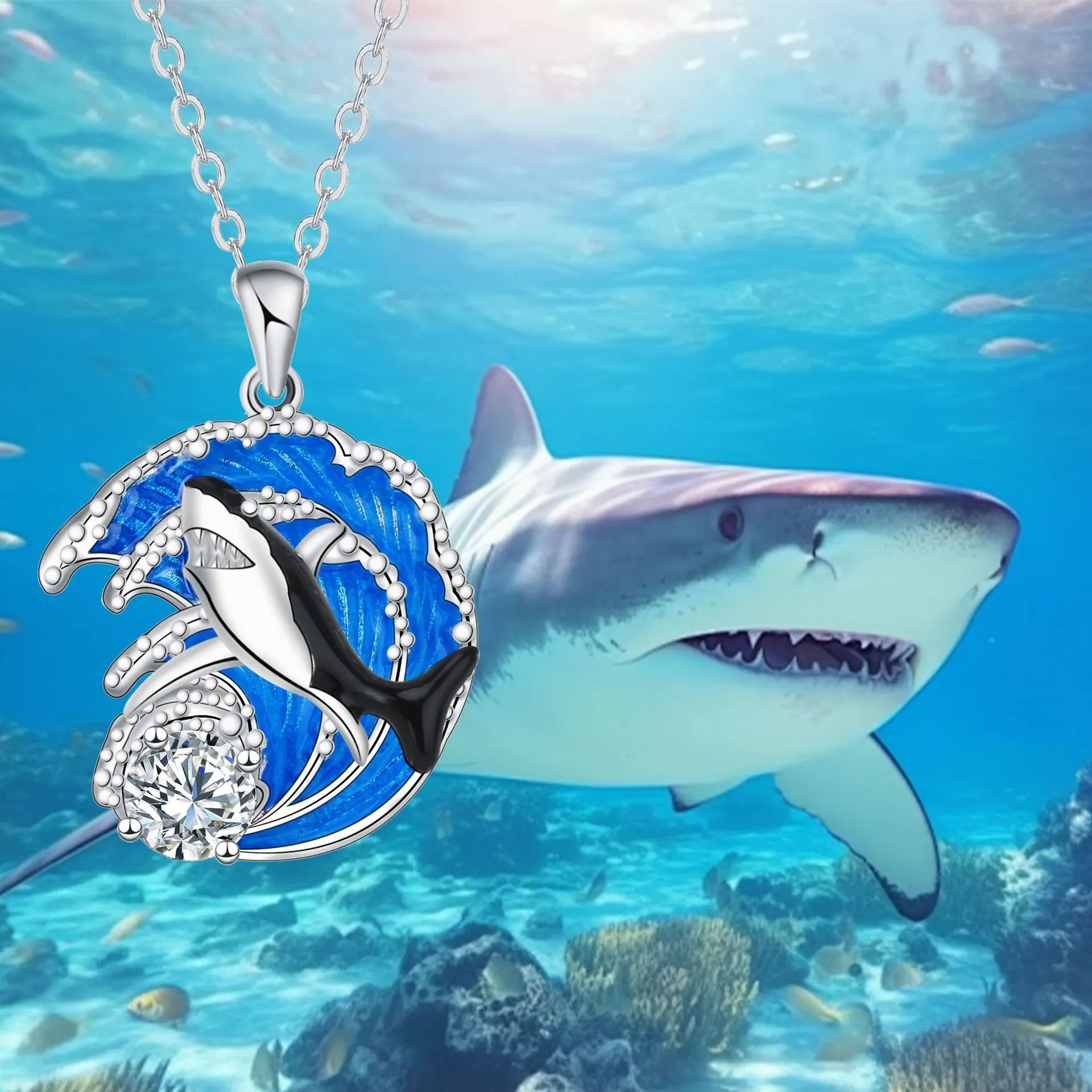 Shark pendant necklace with copper electroplated finish and cross chain design