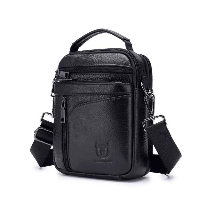 Men's black genuine leather shoulder messenger bag with retro styling and adjustable strap
