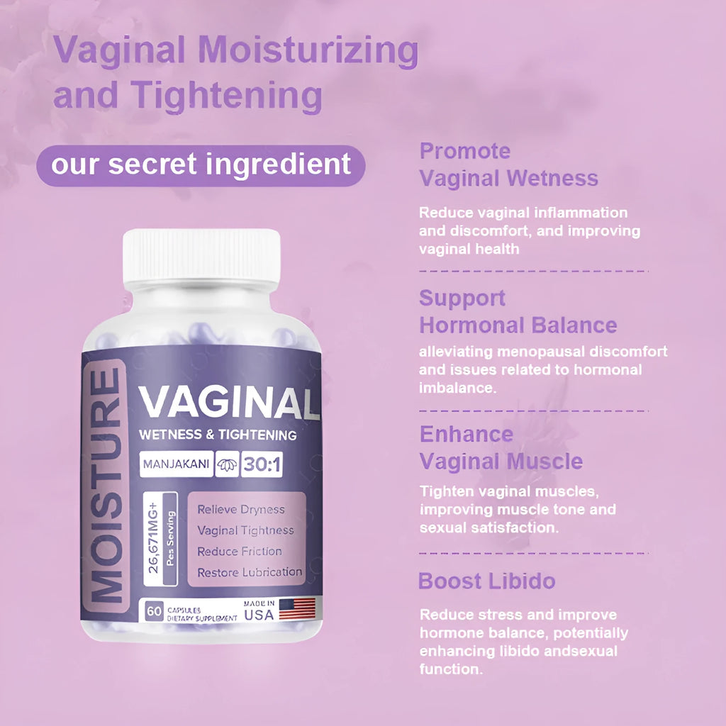 Bottle containing 60 vaginal capsules for adult intimate care with extracted formula