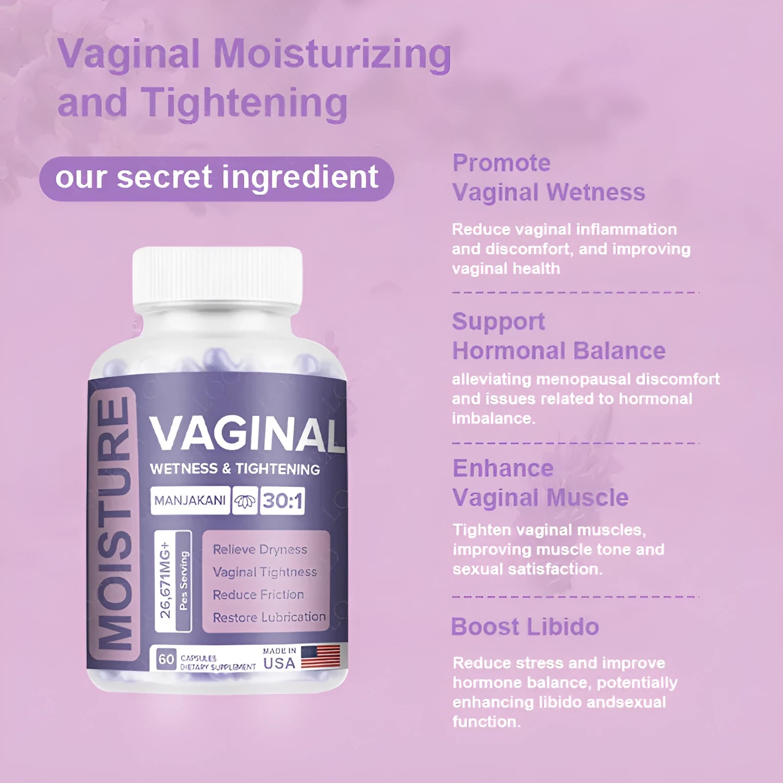 Bottle containing 60 vaginal capsules for adult intimate care with extracted formula