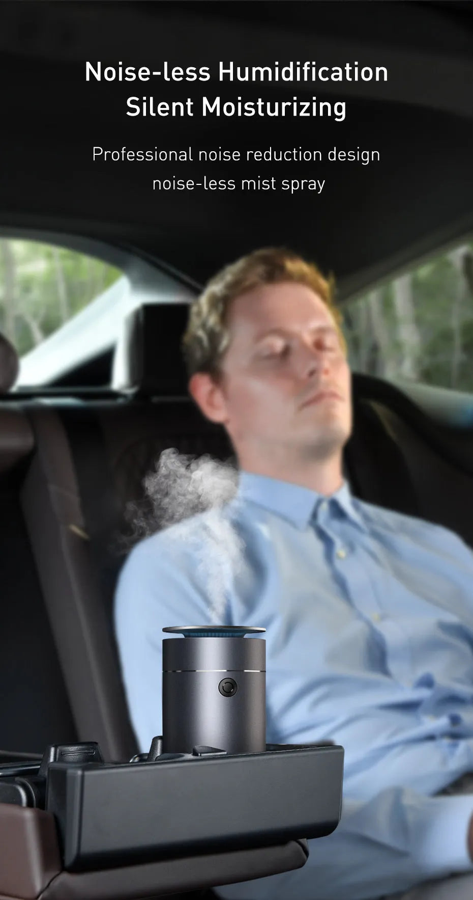 12V metal car air purifier in grey or silver, designed for in-car use