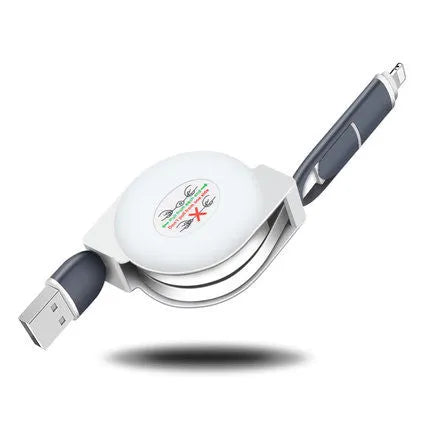 3 in 1 telescopic charging cable extended to show titanium alloy connectors and TPE wire body