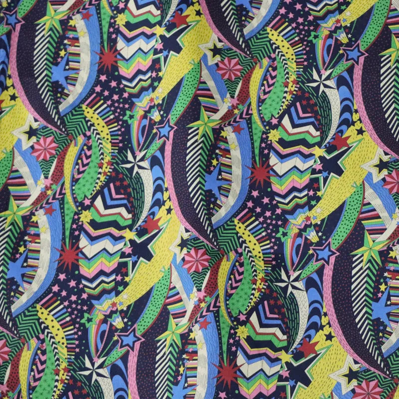 Blue cotton fabric with plant and flower designs, 145cm width measurement