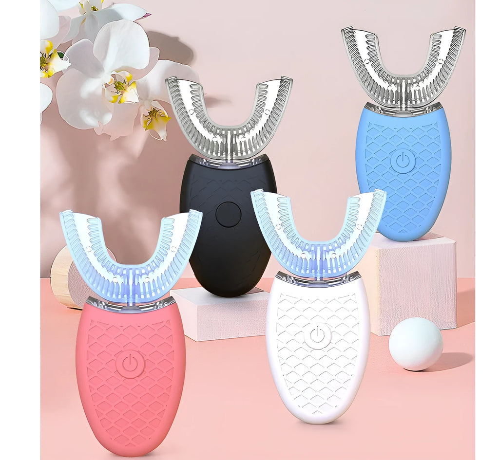 Automatic U-type electric toothbrush with 360-degree silicone head, three modes, USB charging, IPX7 body, white black pink blue