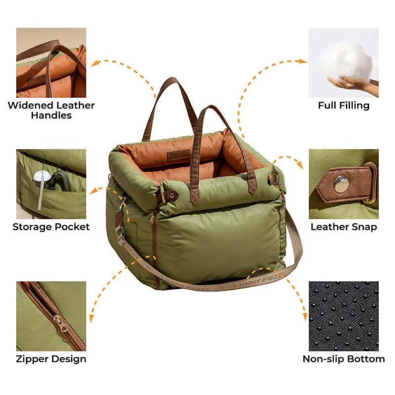 Green waterproof removable dog car nest bed with sides, shown on a car boot floor.