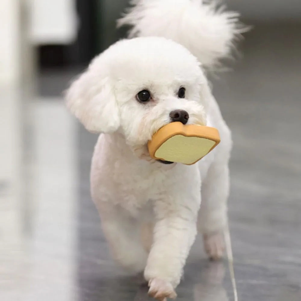 Yellow bread shaped latex dog chew toy with cartoon patterns and squeaker