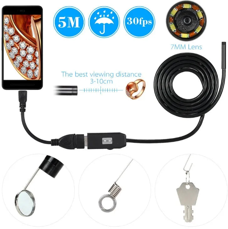 OWSOO USB endoscope with 5m cable, 7mm camera, magnet, hook, and side mirror tools