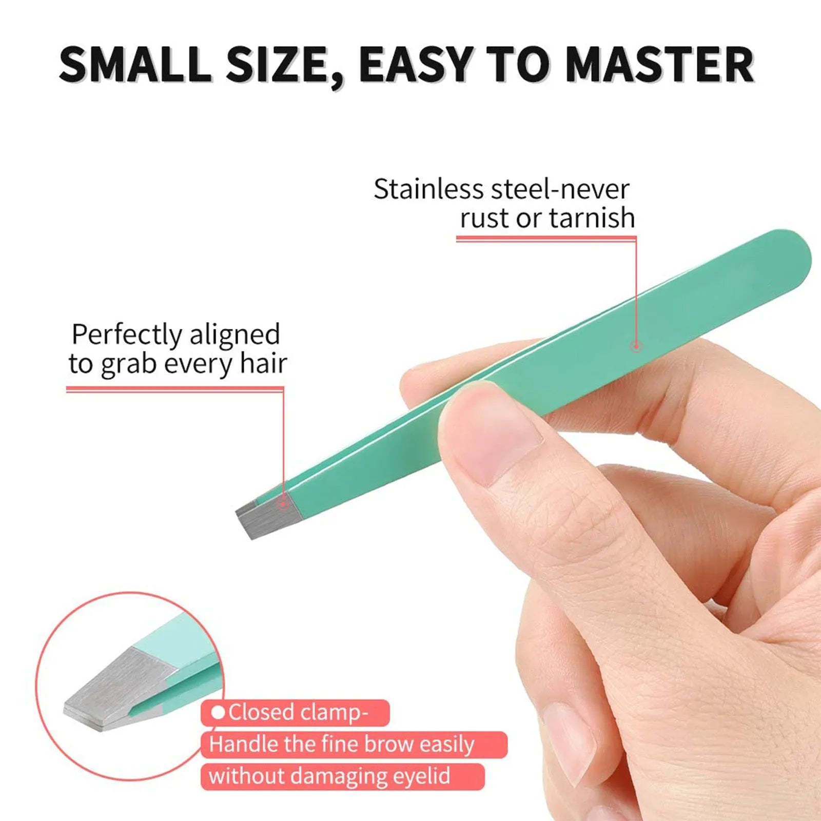 Six-piece stainless steel eyebrow tweezers set with curved scissors, brush, and leather case.