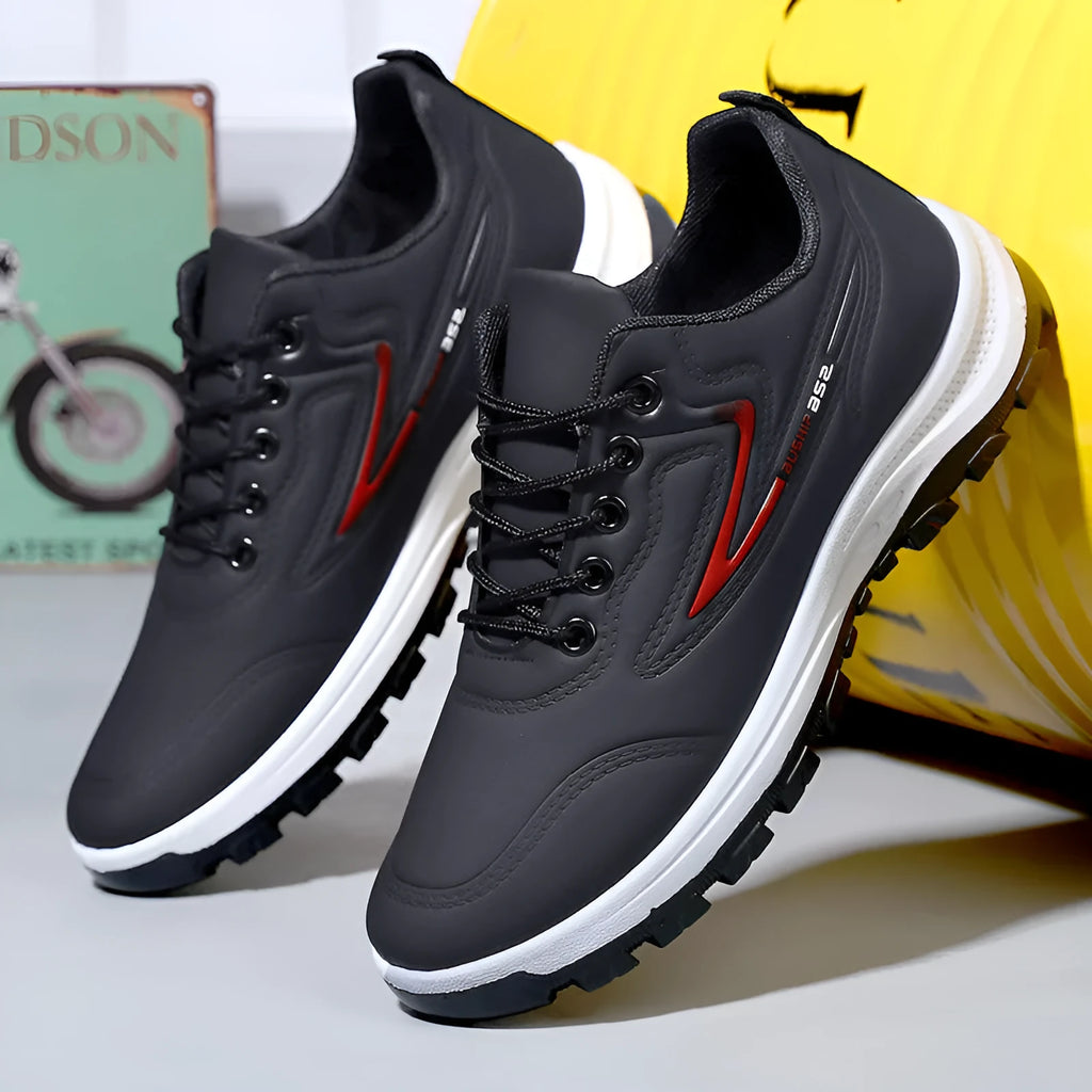 Waterproof leisure sports shoes with soft bottom, artificial PU upper, high mouth above 11cm, black red or black gray