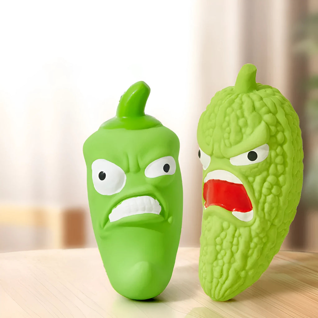 Bitter melon and chili shaped dog toys with textured surfaces for dental cleaning