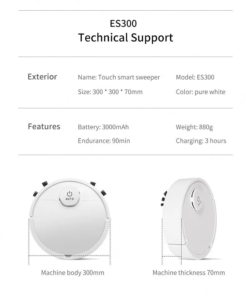 White automatic robotic floor sweeper with one-touch button on a hard floor.