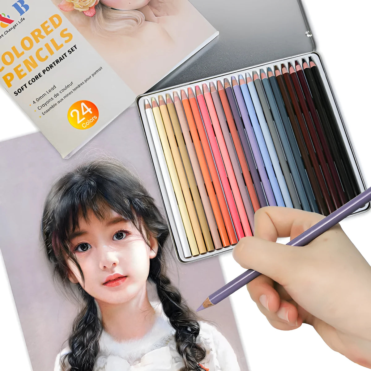 24-colour skin tone pencils for portrait artwork in metal tin case