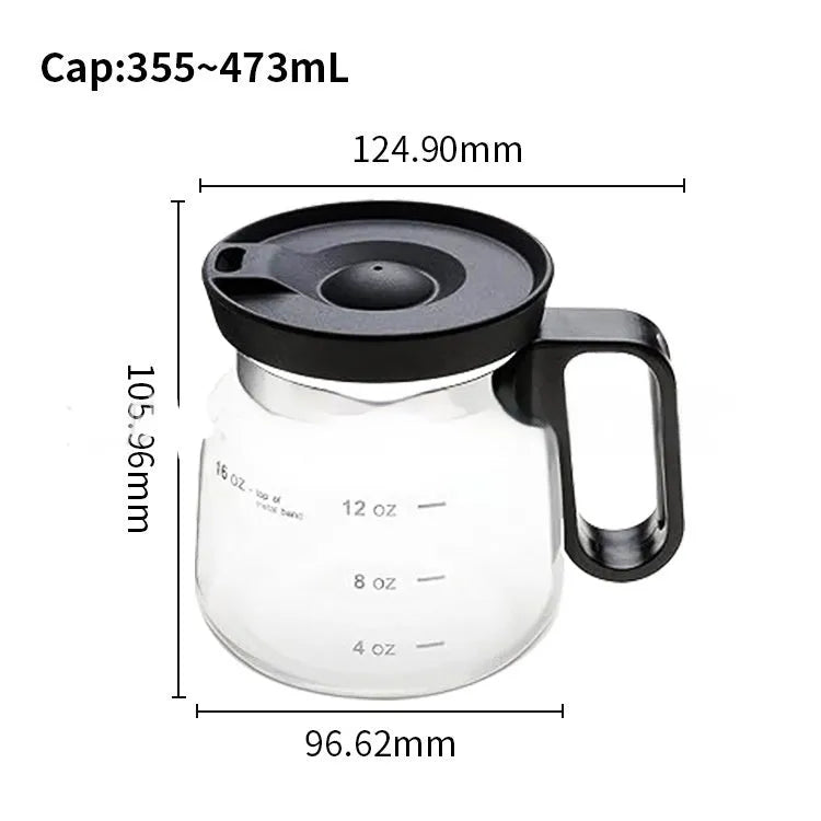 Transparent borosilicate glass coffee maker with silicone cover showing 355-473ml capacity markings