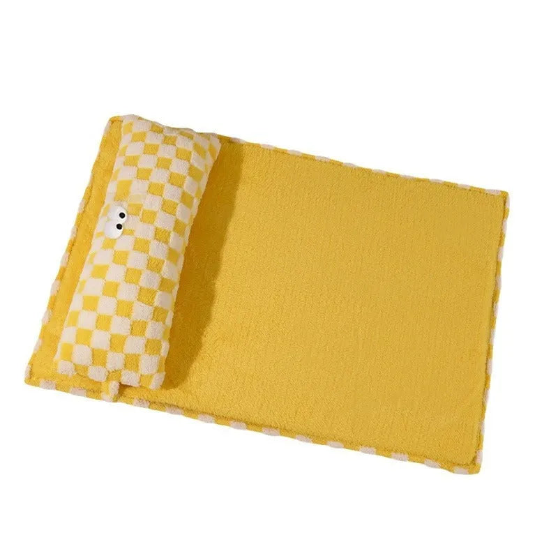 Grey and yellow pet nest cushion for cats and dogs shown in four different sizes.