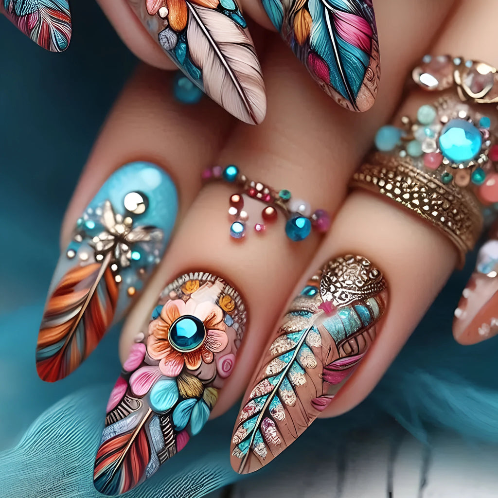 Retro style nail art kit with colourful feather pattern burnishing sticks on plastic tools