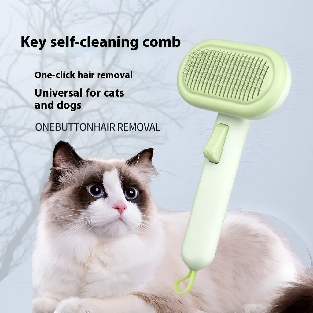 Large pet grooming comb with one-click float detangler in light green, pink, or light grey for cat and dog hair removal