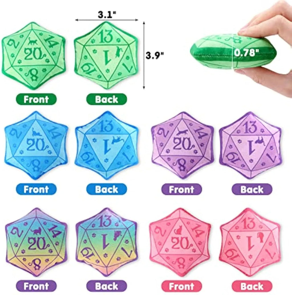 Soft plush dice cat toy filled with organic catnip in blue, purple, green, and pink colour options