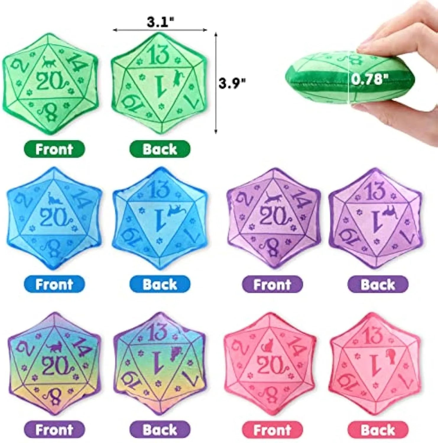 Soft plush dice cat toy filled with organic catnip in blue, purple, green, and pink colour options