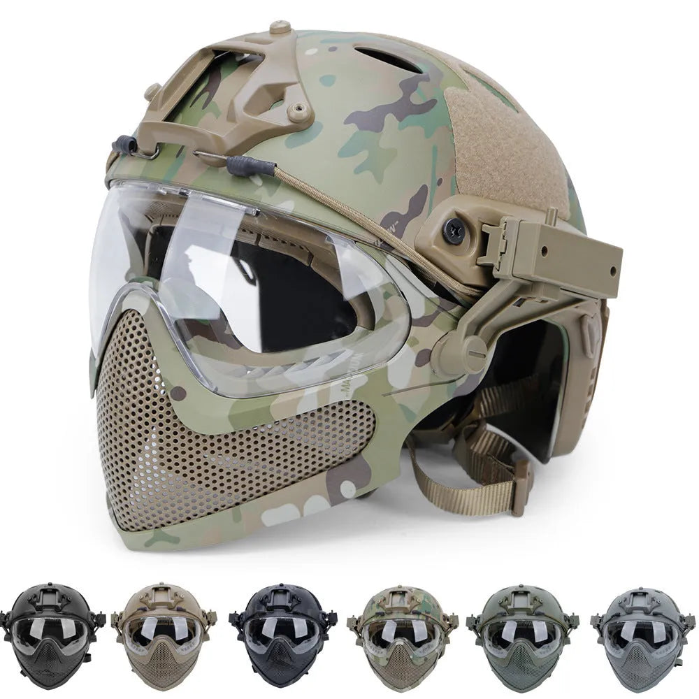 ABS integrated helmet with loading and unloading mask, shown in black, green, sand, CP, black CP and grey, sizes M and L