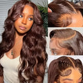 Women's front lace curly wig with side bangs in dark brown synthetic fibre
