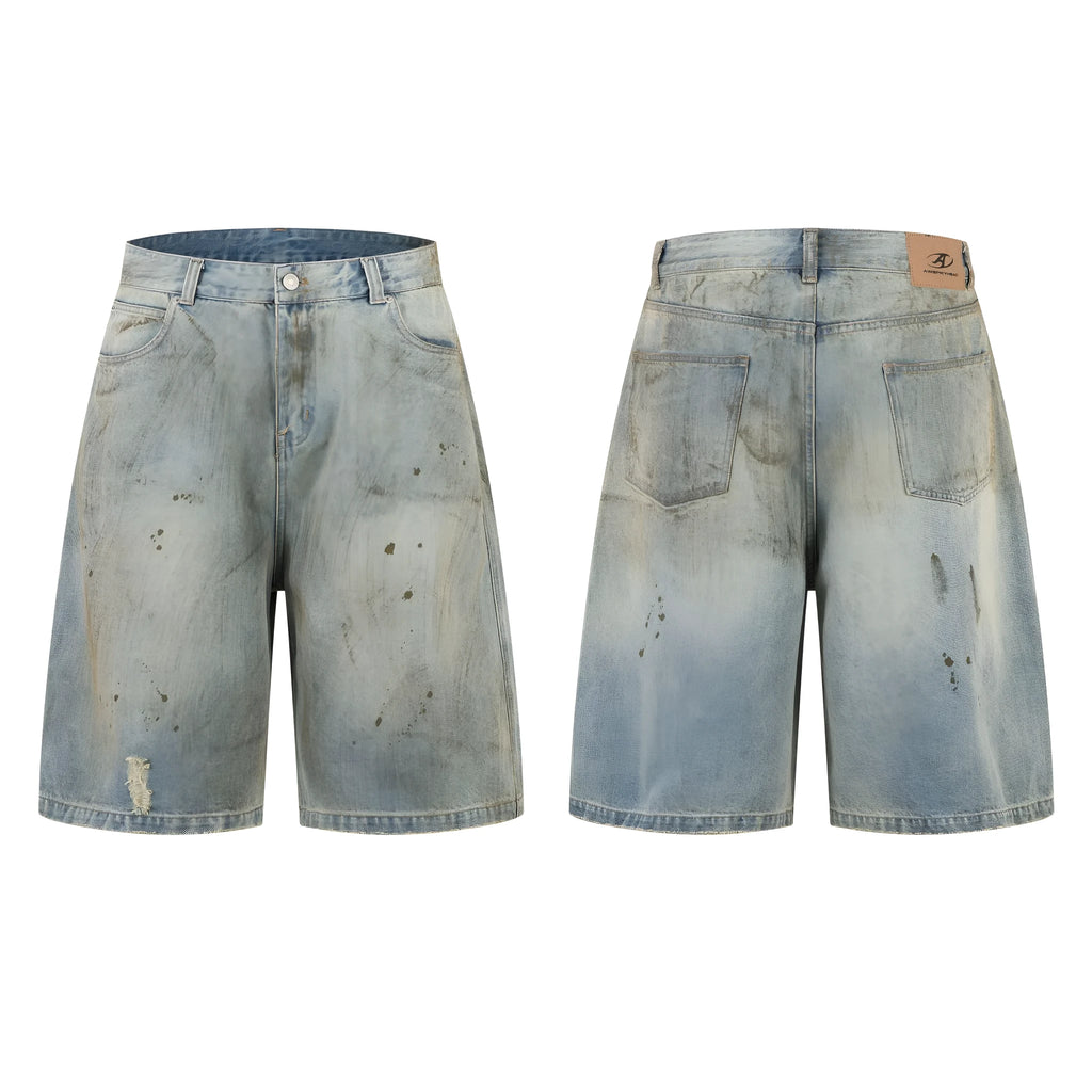 Blue cropped washed denim pants with a straight leg and zip fly, shown laid flat.