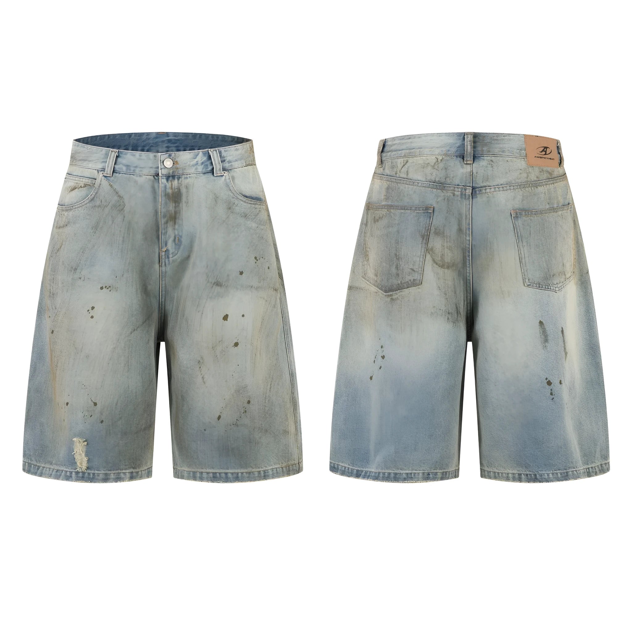 Blue cropped washed denim pants with a straight leg and zip fly, shown laid flat.