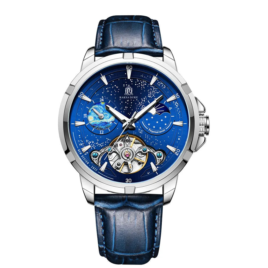 Men's blue automatic mechanical watch with metal bracelet showing side profile with 14mm thickness