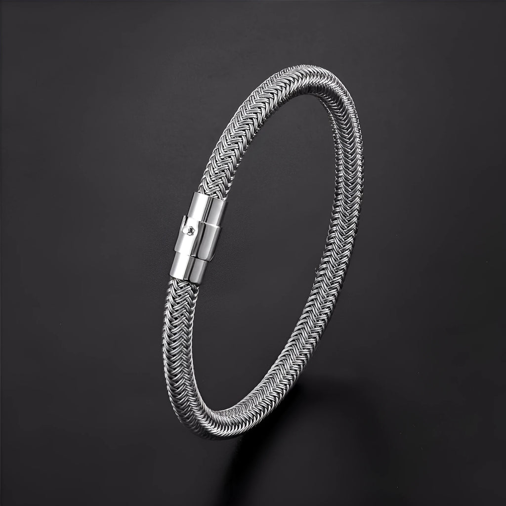 Geometric titanium steel wire bracelet with magnetic closure in silver tone