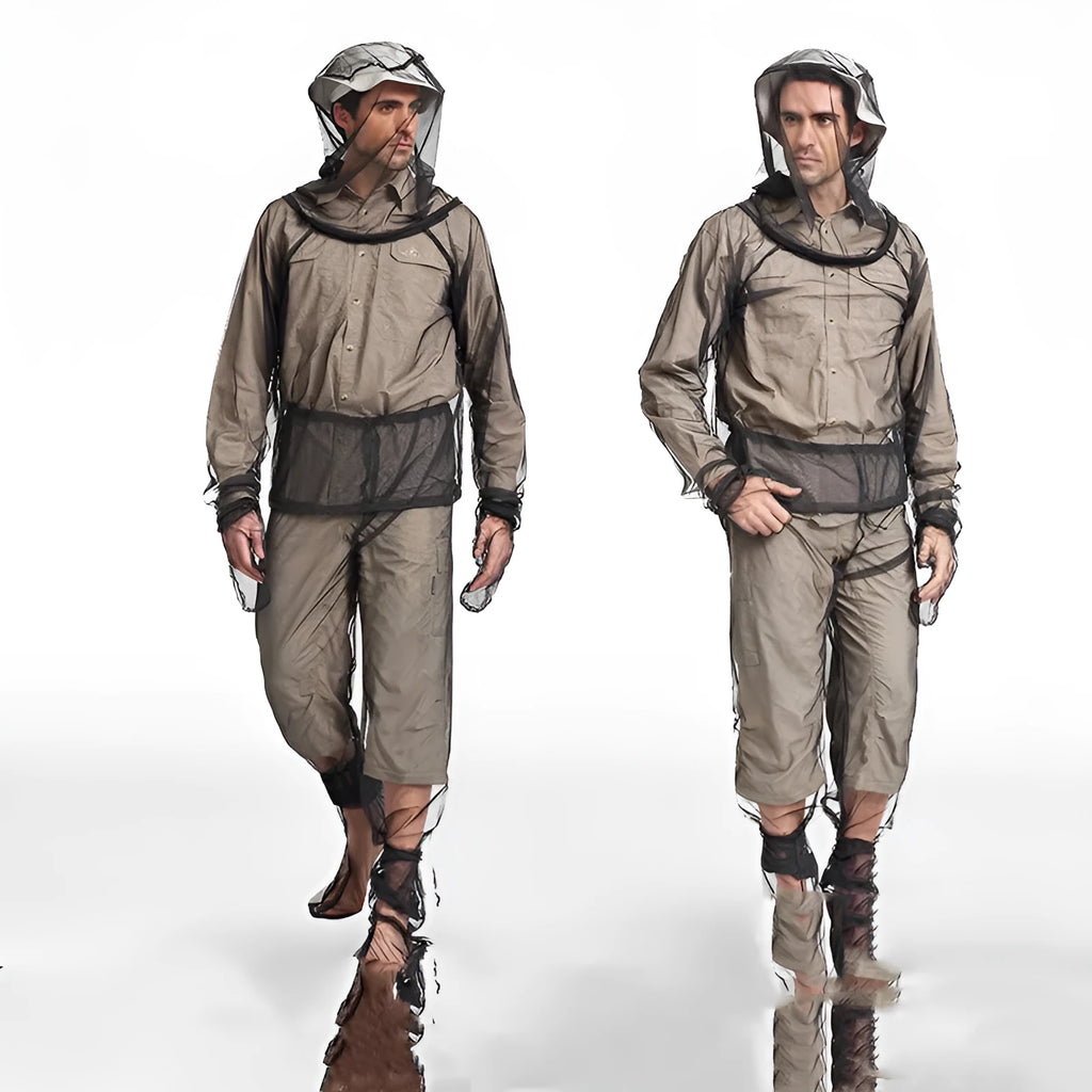 Unisex mesh anti mosquito suit four-piece set including hooded top, pants, and booties for outdoor camping.