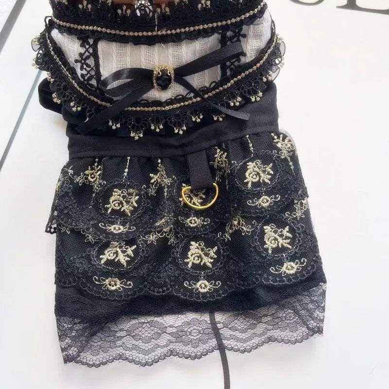 Golden gothic princess style skirt dress for a small dog or cat on a mannequin.