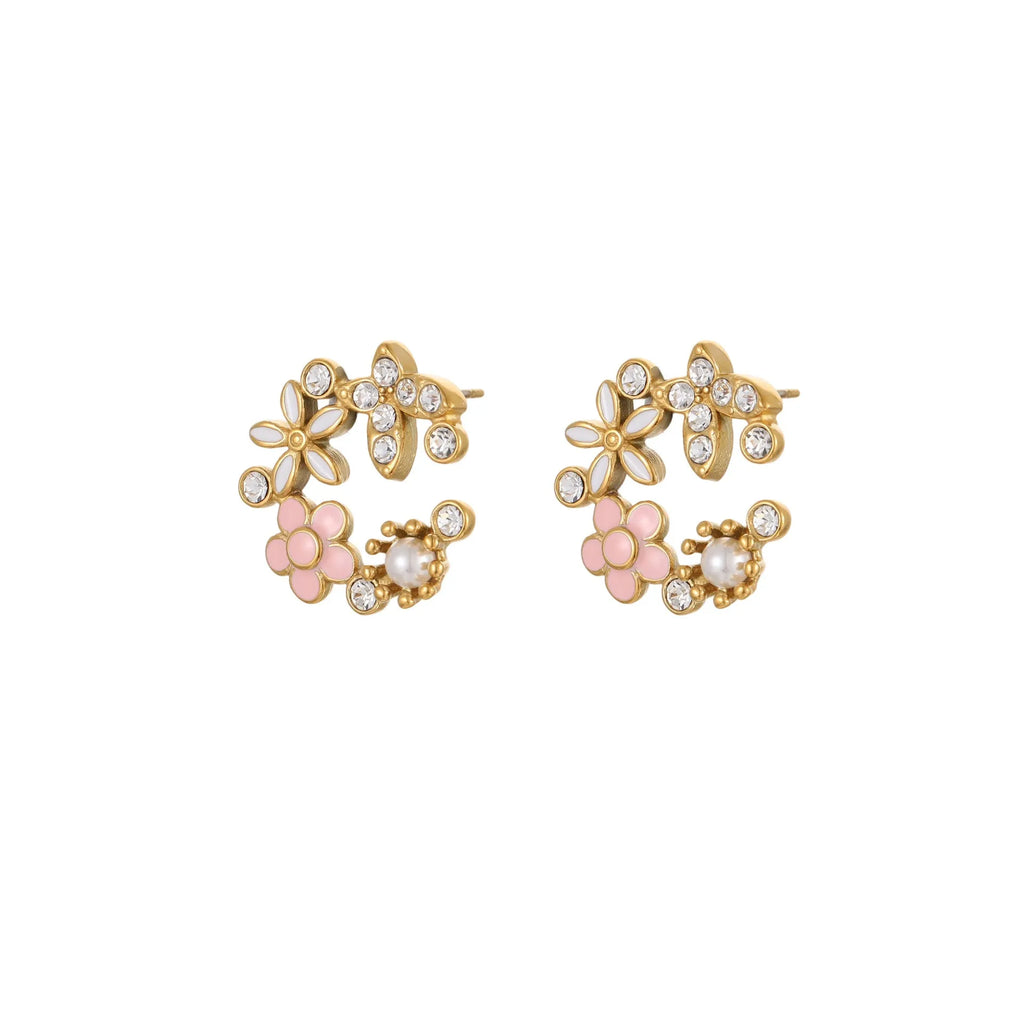 Gold-plated flower stud earrings with colourful oil diamond centre and petal design on stainless steel