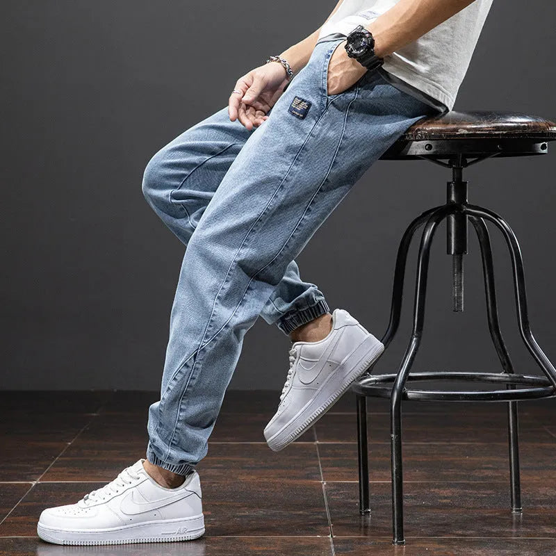 Men's loose cargo casual jeans in micro-elastic cotton with Korean-style straight cut and non-ironing finish