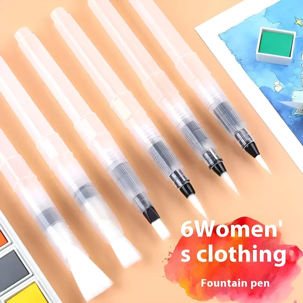 Six watercolour fountain pens with plastic body, pointed soft wool hook line, in small medium large sizes