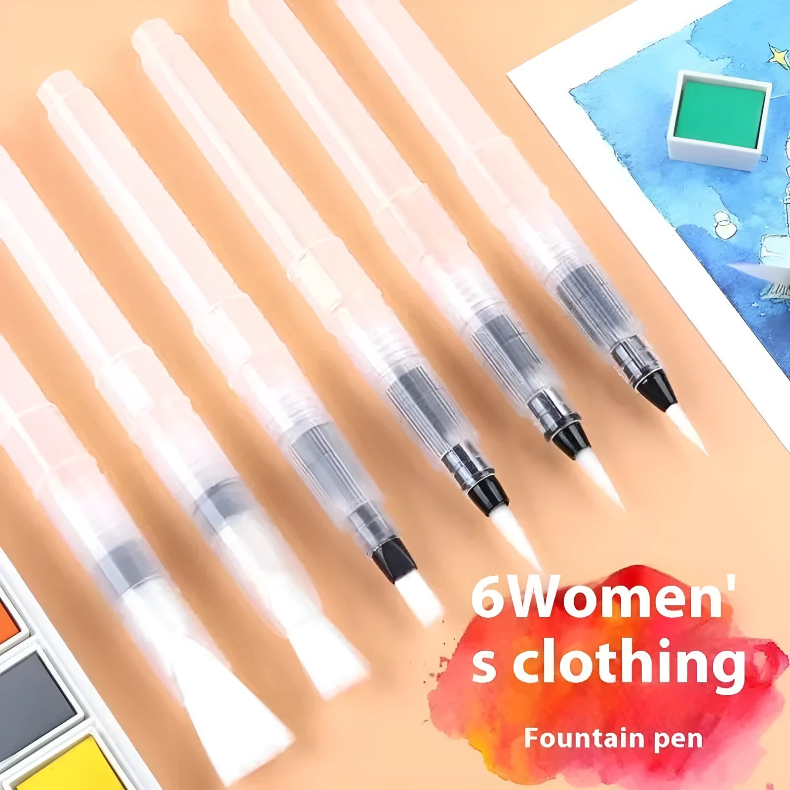 Six watercolour fountain pens with plastic body, pointed soft wool hook line, in small medium large sizes