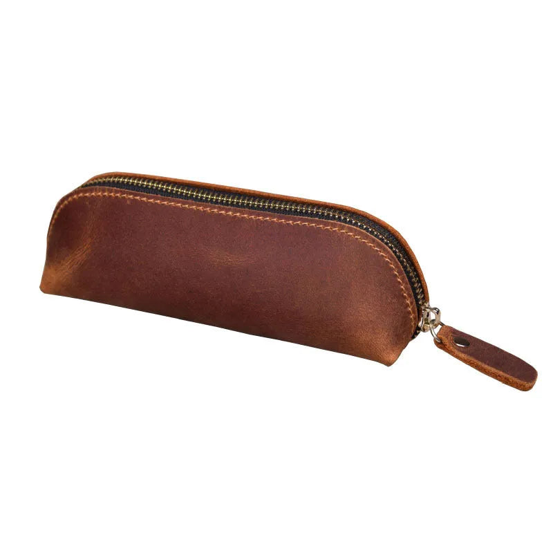 Handmade cowhide leather pencil and glasses case with zipper closure in square design