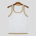 Men's black polyester mesh fitness vest with sleeveless design and straight hem laid flat.