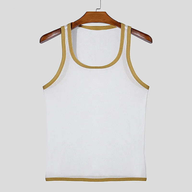 Men's black polyester mesh fitness vest with sleeveless design and straight hem laid flat.